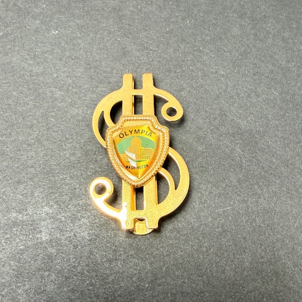 Vintage Olympia Washington State Capitol Dollar Sign Money Clip Gold Tone Shield